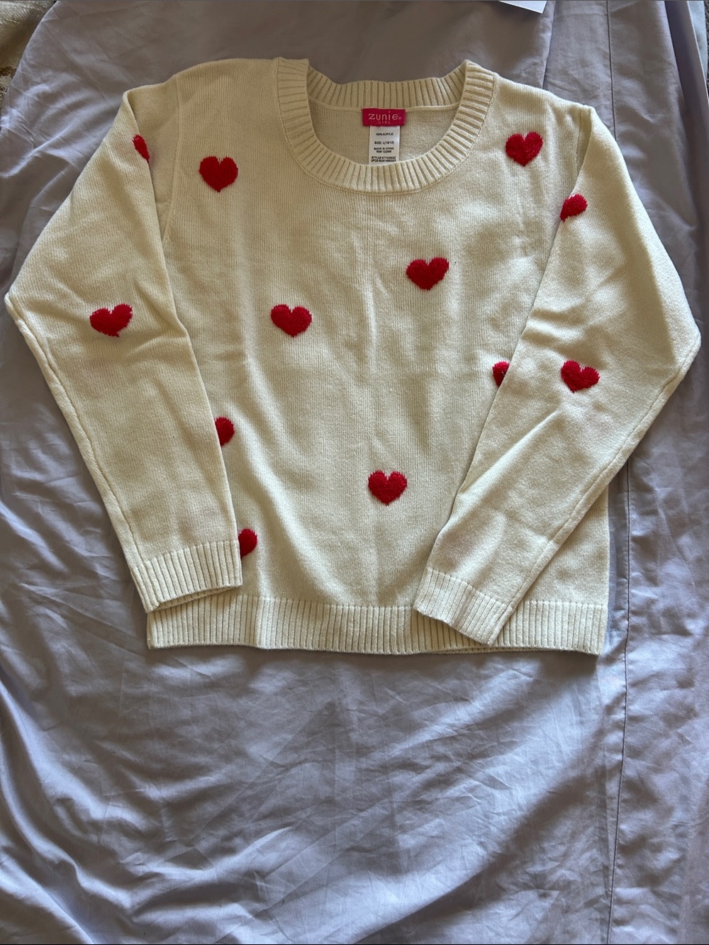 Zunie Cream Crewneck Sweater with Red Heart Motif